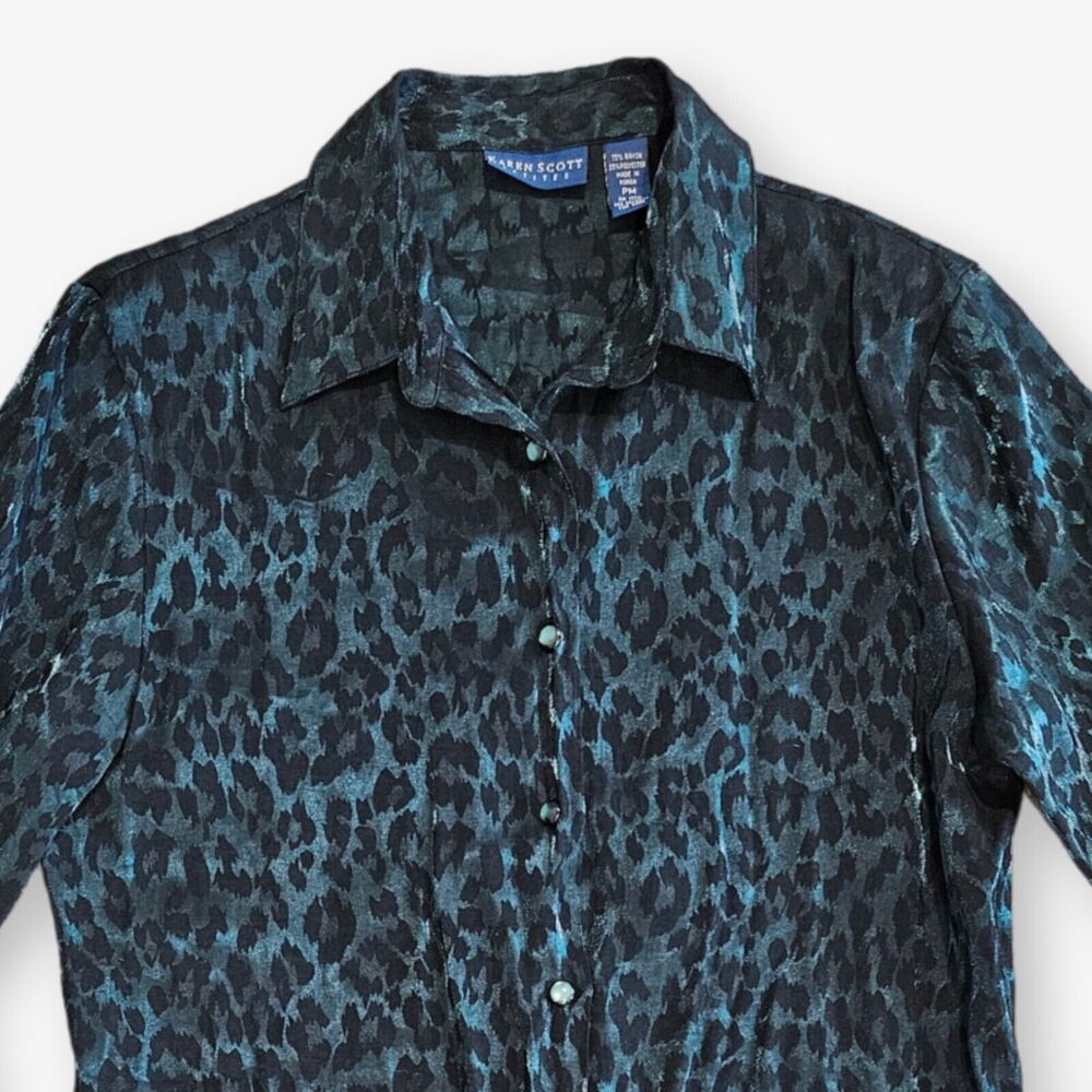 Karen Scott Button Up Top Size P M Woman Green Cheetah Print Long Sleeve  Shirt